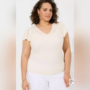 11. Torrid Cream Everyday Soft Pullover Pointelle Short Sleeve Sweater 1X 14 16